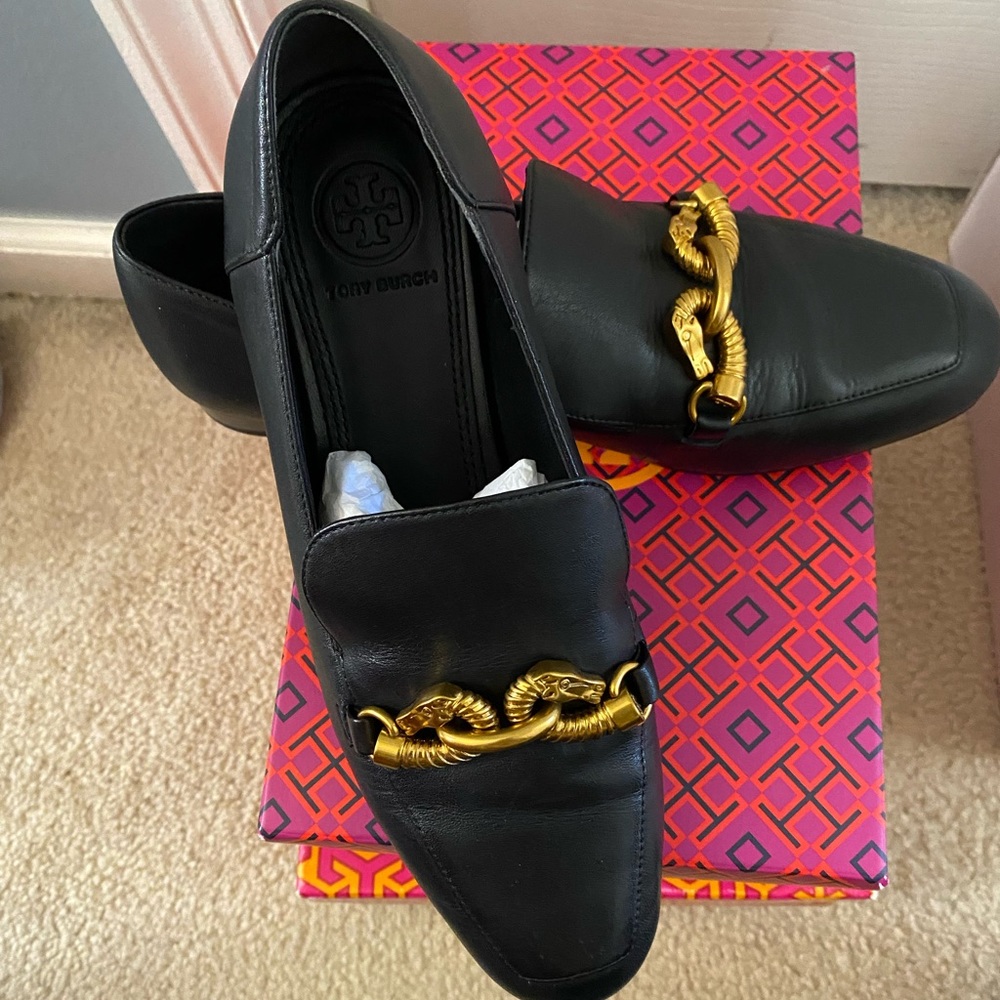 Tory Burch black and gold Jessica loafers
